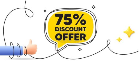 Illustration for 75 percent discount tag. Continuous line art banner. Sale offer price sign. Special offer symbol. Discount speech bubble background. Wrapped 3d like icon. Vector - Royalty Free Image