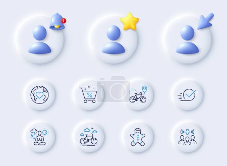 Illustration for Bike rental, Checkbox and Donation line icons. Placeholder with 3d cursor, bell, star. Pack of Medical staff, Bike delivery, Gingerbread man icon. Loan percent, Yoga pictogram. Vector - Royalty Free Image