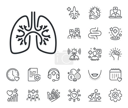 Illustration for Pneumonia disease sign. Online doctor, patient and medicine outline icons. Lungs line icon. Respiratory distress symbol. Lungs line sign. Veins, nerves and cosmetic procedure icon. Intestine. Vector - Royalty Free Image