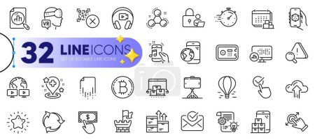Illustration for Outline set of Music phone, Delivery and Headphones line icons for web with Report statistics, Approved mail, Analytics graph thin icon. Online storage, Air balloon. Vector - Royalty Free Image