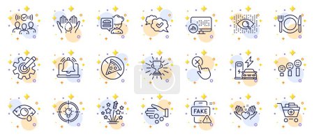 Illustration for Outline set of Customer satisfaction, Trophy and Restaurant food line icons for web app. Include Report statistics, Wash hands, Hold heart pictogram icons. Conjunctivitis eye. Vector - Royalty Free Image