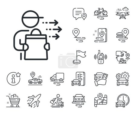 Illustration for Courier with order sign. Plane, supply chain and place location outline icons. Food delivery line icon. Catering service symbol. Food delivery line sign. Taxi transport, rent a bike icon. Vector - Royalty Free Image
