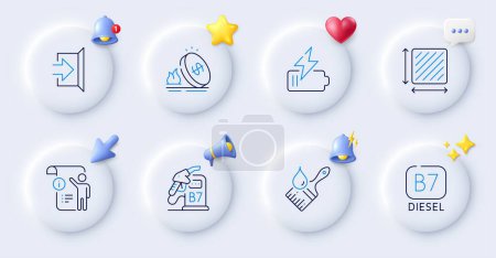 Illustration for Manual doc, Brush and Diesel line icons. Buttons with 3d bell, chat speech, cursor. Pack of Exit, Square area, Gas price icon. Diesel station, Battery pictogram. For web app, printing. Vector - Royalty Free Image