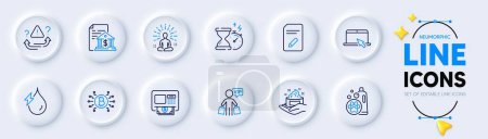 Illustration for Edit document, Attention and Hydroelectricity line icons for web app. Pack of Yoga, Portable computer, Skin care pictogram icons. Bitcoin system, Atm, Bank document signs. Neumorphic buttons. Vector - Royalty Free Image