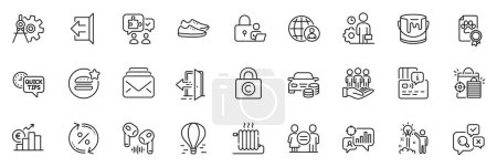 Illustration for Icons pack as Loan percent, Sign out and Best food line icons for app include Creative idea, Equality, Puzzle outline thin icon web set. Card, Quick tips, Euro rate pictogram. Buy car. Vector - Royalty Free Image