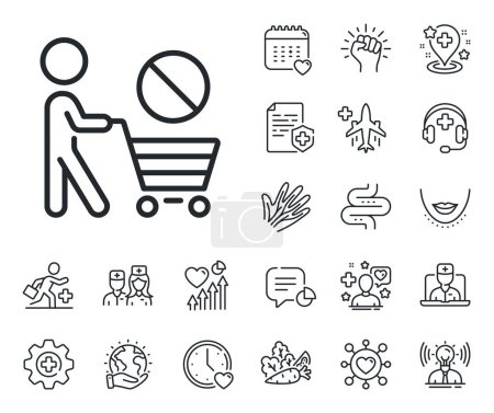 Illustration for No panic buying sign. Online doctor, patient and medicine outline icons. Stop shopping line icon. Man with shopping cart symbol. Stop shopping line sign. Vector - Royalty Free Image