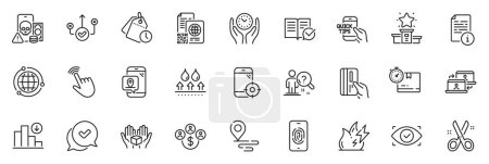 Illustration for Icons pack as Biometric eye, Approved and Payment card line icons for app include Fingerprint, Approved documentation, Manual outline thin icon web set. Time management, Seo phone. Vector - Royalty Free Image
