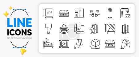 Illustration for Coffee machine, Coffee cup and Floor plan line icons set for app include Open door, Entrance, Fireplace outline thin icon. Cupboard, Latex mattress, Sconce light pictogram icon. Vector - Royalty Free Image