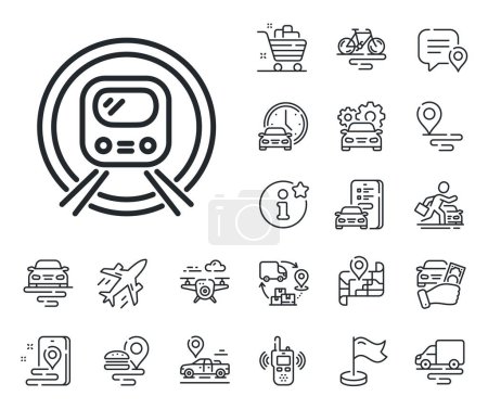 Illustration for Public underground transportation sign. Plane, supply chain and place location outline icons. Metro subway transport line icon. Metro subway line sign. Taxi transport, rent a bike icon. Vector - Royalty Free Image