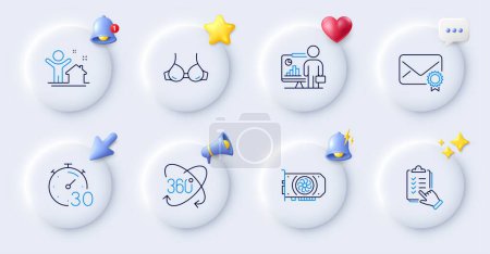Illustration for Checklist, Teacher and Gpu line icons. Buttons with 3d bell, chat speech, cursor. Pack of Verified mail, New house, Bra icon. Timer, Full rotation pictogram. For web app, printing. Vector - Royalty Free Image