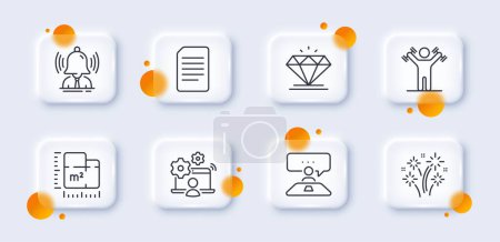 Illustration for Floor plan, Online job and Fireworks line icons pack. 3d glass buttons with blurred circles. Dumbbells workout, Diamond, Document web icon. Interview job, Brand pictogram. Vector - Royalty Free Image