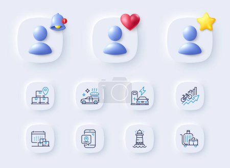 Illustration for Training results, Food delivery and Baggage cart line icons. Placeholder with 3d bell, star, heart. Pack of Delivery calendar, Lighthouse, Charging station icon. Pin marker pictogram. Vector - Royalty Free Image