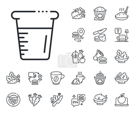 Illustration for Glass water sign. Crepe, sweet popcorn and salad outline icons. Cooking beaker line icon. Measuring cup symbol. Cooking beaker line sign. Pasta spaghetti, fresh juice icon. Supply chain. Vector - Royalty Free Image