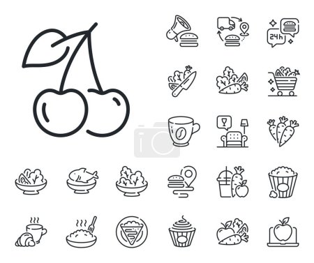 Illustration for Fruit food sign. Crepe, sweet popcorn and salad outline icons. Cherry line icon. Diet nutrition symbol. Cherry line sign. Pasta spaghetti, fresh juice icon. Supply chain. Vector - Royalty Free Image