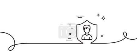 Illustration for User Protection line icon. Continuous one line with curl. Profile Avatar with shield sign. Male Person silhouette symbol. Security Agency single outline ribbon. Loop curve pattern. Vector - Royalty Free Image