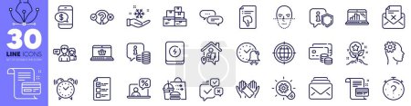Illustration for Online shopping, Dots message and Thumb down line icons pack. Alarm bell, Food delivery, People talking web icon. Reject letter, Work home, Mail pictogram. Wholesale goods, Cogwheel. Vector - Royalty Free Image