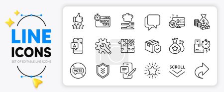 Illustration for Parcel insurance, Scroll down and Phone chat line icons set for app include Delivery time, Money, Star outline thin icon. Share, Quick tips, Stop voting pictogram icon. Web call. Vector - Royalty Free Image