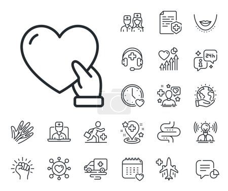 Illustration for Helping hand sign. Online doctor, patient and medicine outline icons. Volunteer care line icon. Donation symbol. Volunteer line sign. Veins, nerves and cosmetic procedure icon. Intestine. Vector - Royalty Free Image
