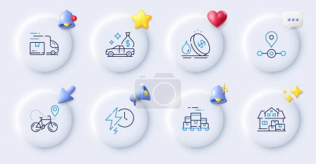 Illustration for Charging time, Delivery truck and Fuel price line icons. Buttons with 3d bell, chat speech, cursor. Pack of Home moving, Boxes pallet, Bike delivery icon. Station, Cash transit pictogram. Vector - Royalty Free Image