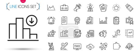 Illustration for Pack of Microscope, Decreasing graph and Certificate line icons. Include Approved checklist, Approved award, Success pictogram icons. Star, Fake news, Teamwork signs. Edit, Copywriting, Puzzle. Vector - Royalty Free Image