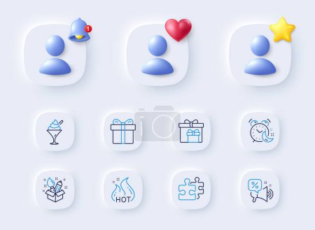 Illustration for Delivery boxes, Ice cream and Puzzle line icons. Placeholder with 3d bell, star, heart. Pack of Creativity, Gift box, Alarm icon. Discounts offer, Hot sale pictogram. For web app, printing. Vector - Royalty Free Image