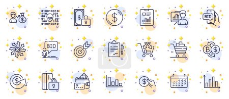 Illustration for Outline set of Bitcoin exchange, Private payment and Versatile line icons for web app. Include Dollar money, Target, Payment pictogram icons. Calendar, Money, Clipboard signs. Vector - Royalty Free Image
