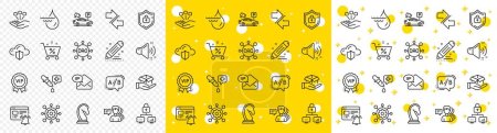 Illustration for Outline Lock, New mail and Hydroelectricity line icons pack for web with Synchronize, Loud sound, Brand contract line icon. Cloud protection, Marketing strategy, Vip award pictogram icon. Vector - Royalty Free Image