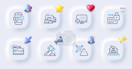 Illustration for Lock, Seo and Delivery truck line icons. Buttons with 3d bell, chat speech, cursor. Pack of 24h service, Qr code, Terrace icon. Phone messages, Auction hammer pictogram. For web app, printing. Vector - Royalty Free Image