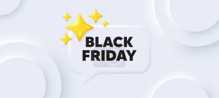 Illustration for Black Friday Sale. Neumorphic background with chat speech bubble. Special offer price sign. Advertising Discounts symbol. Black friday speech message. Banner with 3d stars. Vector - Royalty Free Image