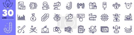 Illustration for Bromine mineral, Grow plant and Furniture line icons pack. Grill time, Bar diagram, Ice cream web icon. Justice scales, Laptop, Moisturizing cream pictogram. Candy, Sale, Buying currency. Vector - Royalty Free Image