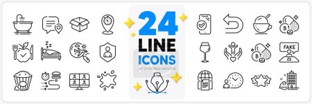 Illustration for Icons set of Ice cream, Volunteer and Security line icons pack for app with Bordeaux glass, Vegetarian food, Undo thin outline icon. Video conference, Sleep, Time management pictogram. Vector - Royalty Free Image