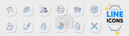 Illustration for Settings gear, Dumbbell and Delivery location line icons for web app. Pack of Qr code, Paint brush, Screwdriverl pictogram icons. Ph neutral, No alcohol, No card signs. Pets care. Vector - Royalty Free Image
