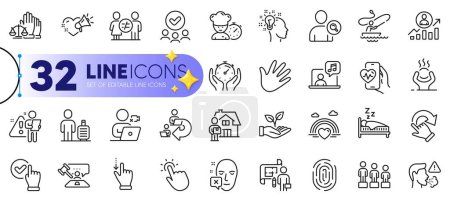 Illustration for Outline set of Difficult stress, Timer and Sleep line icons for web with Love message, Video conference, Hand thin icon. Touchpoint, Helping hand, Face declined pictogram icon. Find user. Vector - Royalty Free Image