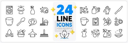 Illustration for Icons set of Dry t-shirt, Clean bubbles and Dont touch line icons pack for app with Tea cup, Water splash, Dryer machine thin outline icon. T-shirt, Window cleaning, Wash hands pictogram. Vector - Royalty Free Image