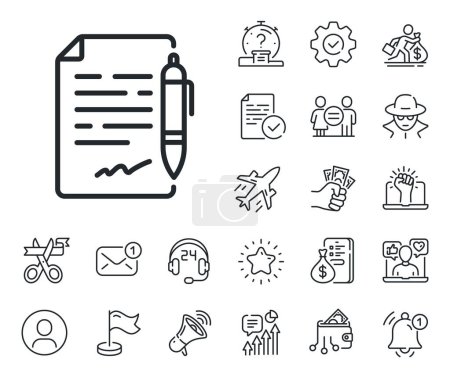 Illustration for Contract file signature sign. Salaryman, gender equality and alert bell outline icons. Agreement document line icon. Office note symbol. Agreement document line sign. Vector - Royalty Free Image