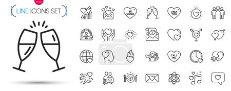 Illustration for Pack of Dating chat, Heart and Heart beat line icons. Include Lgbt, Honeymoon travel, Romantic dinner pictogram icons. International love, Be good, Friend signs. Friends couple, Atom. Vector - Royalty Free Image