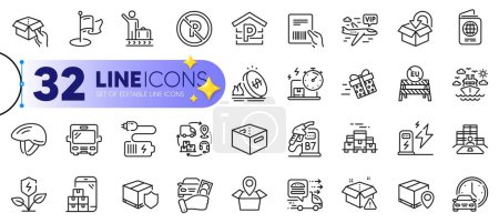 Illustration for Outline set of Book car, Parcel tracking and Charging station line icons for web with Return package, Supply chain, Milestone thin icon. Eu close borders, No parking. Vector - Royalty Free Image