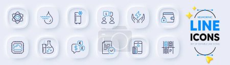 Illustration for Cloud computing, Contactless payment and Chemistry flask line icons for web app. Pack of Hydroelectricity, Money currency, Atom pictogram icons. Compliance, Parking place, Safe energy signs. Vector - Royalty Free Image