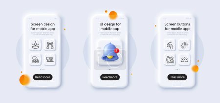 Illustration for Engineering team, Faq and Seo statistics line icons pack. 3d phone mockups with bell alert. Glass smartphone screen. Love letter, Group, Capsule pill web icon. Vector - Royalty Free Image