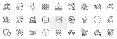 Illustration for Icons pack as Car charging, Shields and Loyalty award line icons for app include Work home, Hypoallergenic tested, Table lamp outline thin icon web set. Bread, Time zone, Face search pictogram. Vector - Royalty Free Image