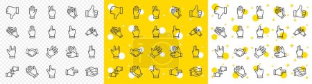 Illustration for Handshake, Clapping hands, Victory. Hand gestures line icons. Horns, Thumb up finger, drag and drop icons. Donation hand gestures, middle finger, palm. Helping hand, ok sign. Vector - Royalty Free Image