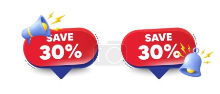 Illustration for Save 30 percent off tag. Speech bubbles with 3d bell, megaphone. Sale Discount offer price sign. Special offer symbol. Discount chat speech message. Red offer talk box. Vector - Royalty Free Image