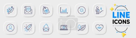 Illustration for Heartbeat, Love letter and Delivery man line icons for web app. Pack of Vegetable, Seo laptop, Leaf dew pictogram icons. Dot plot, Ice cream, Startup rocket signs. No sun, Coupons, Headshot. Vector - Royalty Free Image