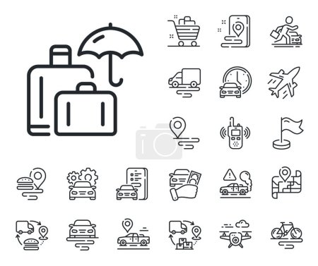 Illustration for Suitcase bag sign. Plane, supply chain and place location outline icons. Luggage insurance line icon. Baggage protect symbol. Luggage insurance line sign. Taxi transport, rent a bike icon. Vector - Royalty Free Image