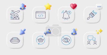 Illustration for Not looking, Passenger and Reminder line icons. Buttons with 3d bell, chat speech, cursor. Pack of Brush, Seo script, People chatting icon. Refresh cart, Dishes pictogram. Vector - Royalty Free Image