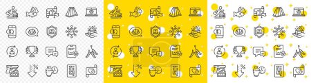 Illustration for Outline Package protection, Person info and Online shopping line icons pack for web with Low percent, Destination flag, Comment line icon. Coffee break, Robbery, Skin care pictogram icon. Vector - Royalty Free Image