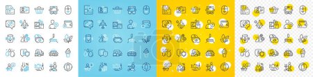Illustration for Vector icons set of Water drop, Ice cream and Delivery truck line icons pack for web with Voice assistant, Arena stadium, Cleaning outline icon. Add user, Warning. Vector - Royalty Free Image