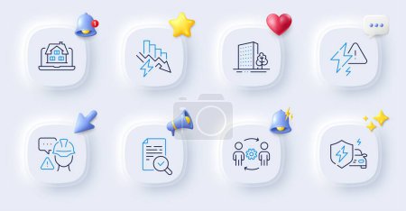 Illustration for Inspect, Lightning bolt and Builder warning line icons. Buttons with 3d bell, chat speech, cursor. Pack of Buildings, Car charging, Realtor icon. Saving electricity, Engineering team pictogram. Vector - Royalty Free Image