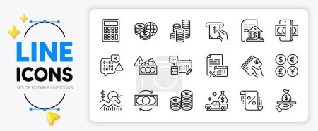 Illustration for Cash transit, World money and Check investment line icons set for app include Currency, Bank document, Atm service outline thin icon. Coins, Binary code, Fraud pictogram icon. Wallet. Vector - Royalty Free Image