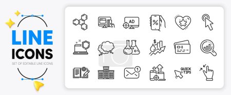 Illustration for Seo adblock, Company and Online payment line icons set for app include Touchscreen gesture, Seo analysis, Computer security outline thin icon. Ranking star, Cursor. Yellow 3d stars with cursor. Vector - Royalty Free Image